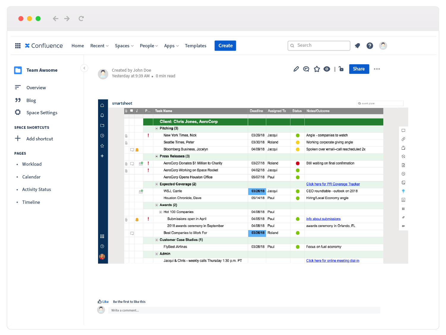 Smartsheet PR planning in Confluence