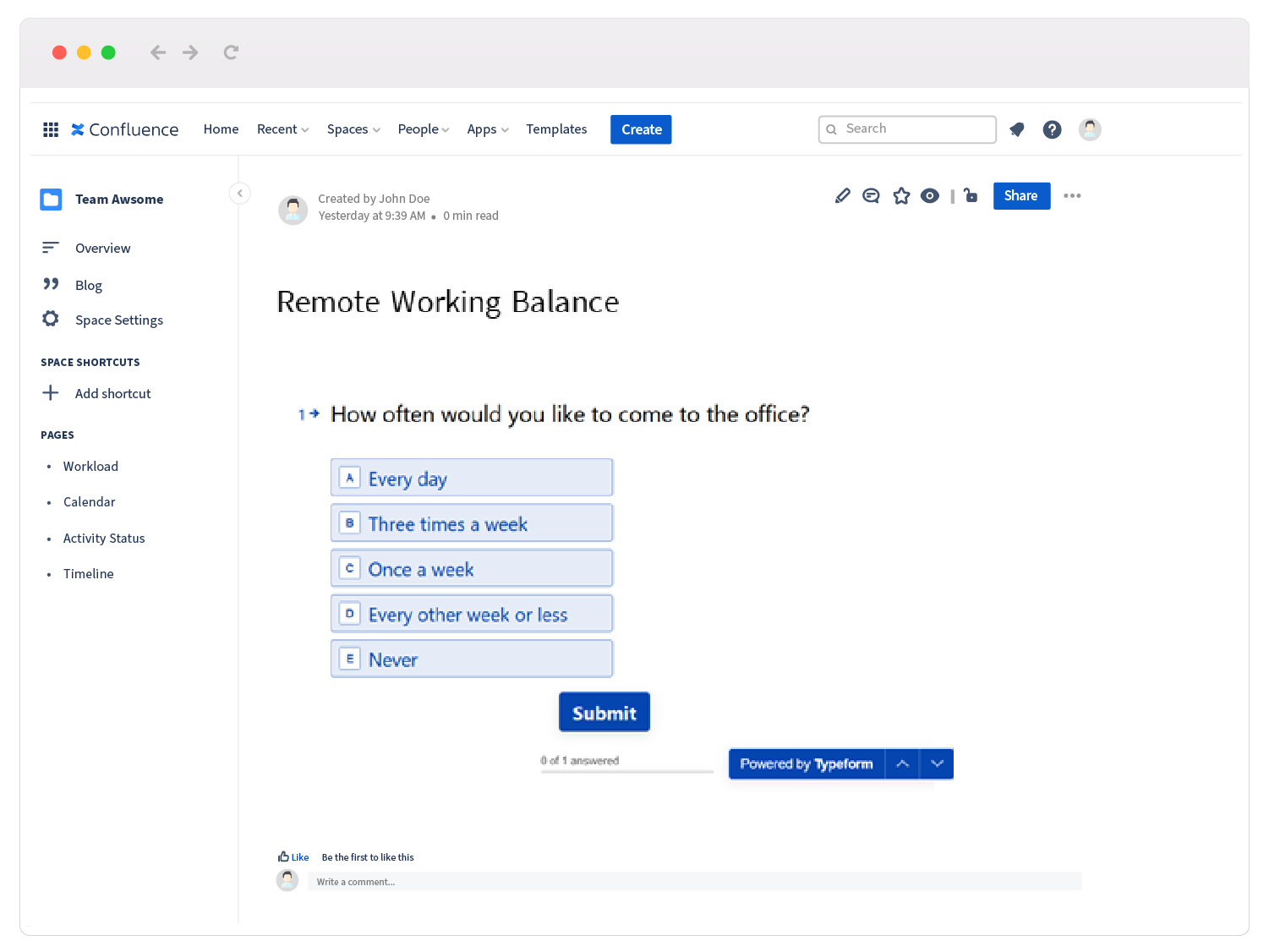 Employee survey in Typeform for Confluence