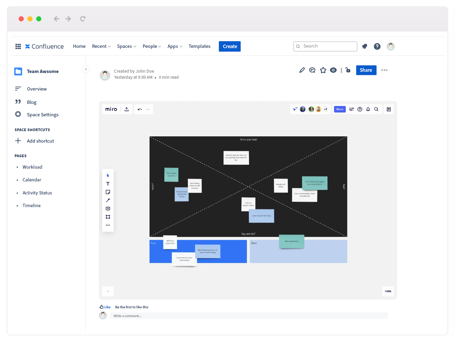 empathy map in Miro embedded in Confluence