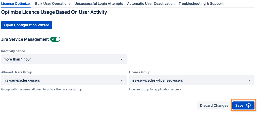 License optimization interface Jira