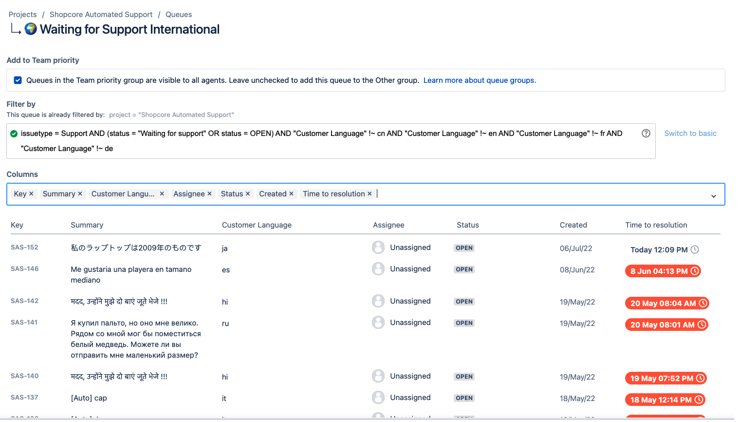 JQL in Jira Service Management with multiple language parameters