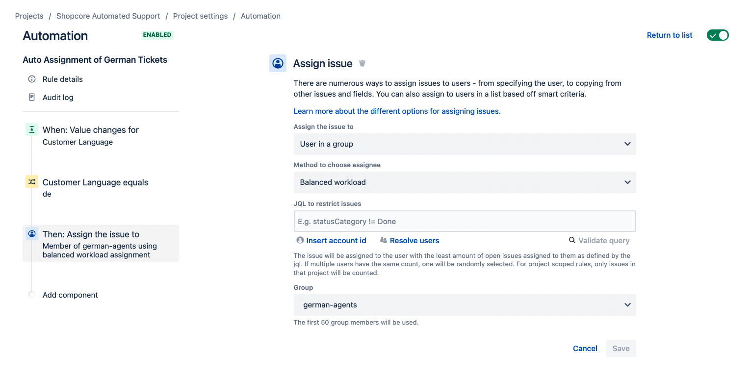 Automation to assign German tickets to German agents in a multilingual Jira Service Management