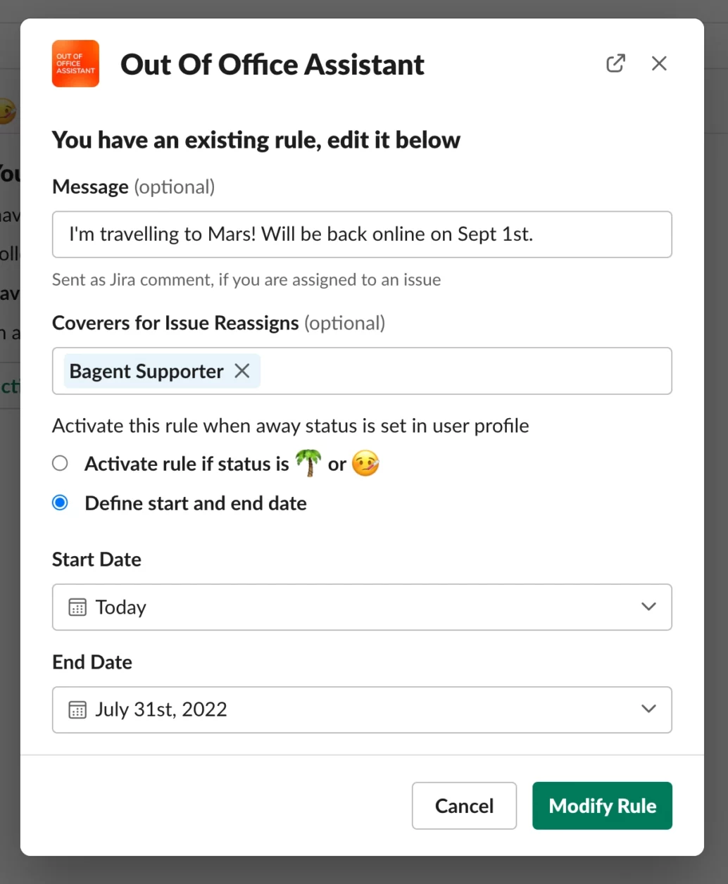 The app for Slack allows to send a form with every detail