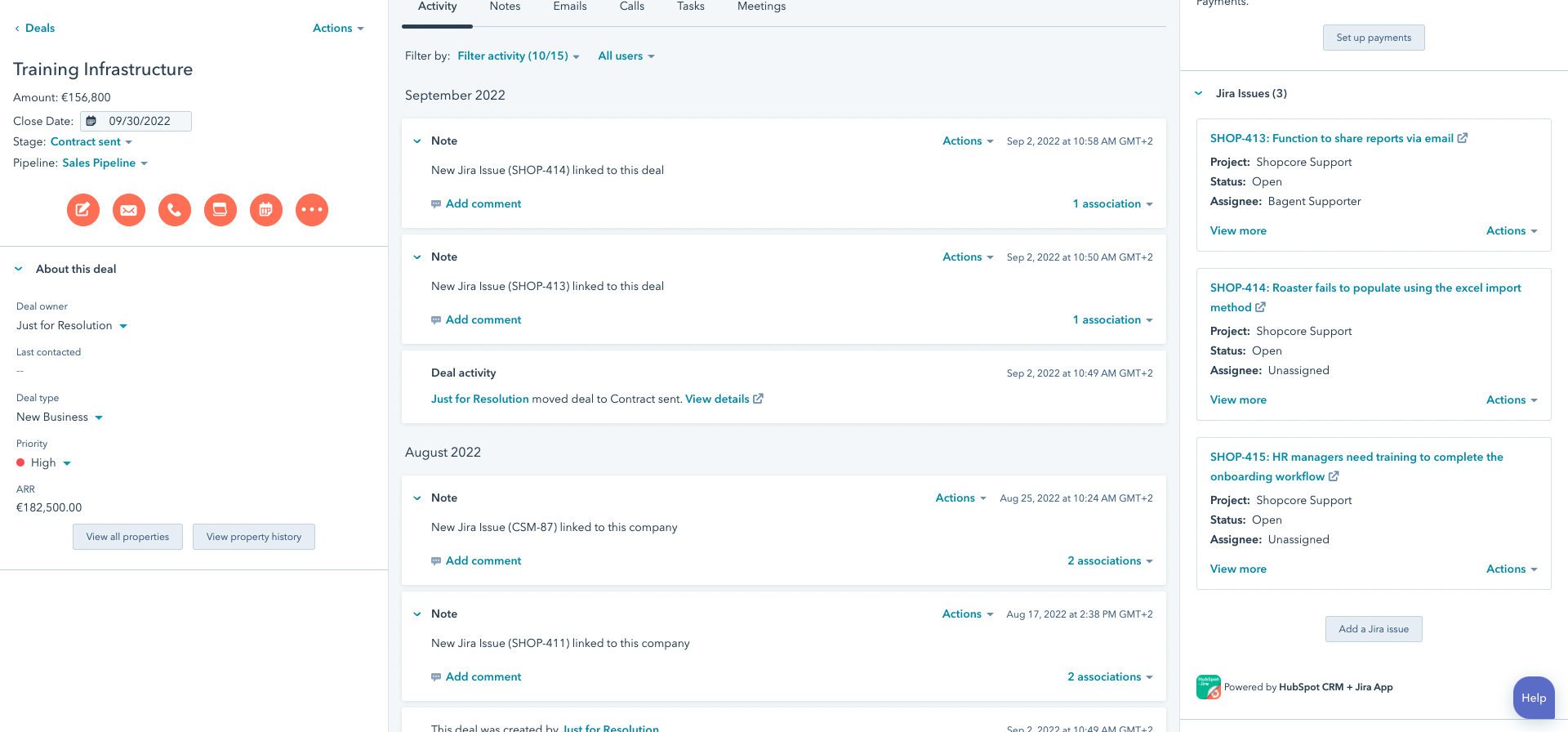 HubSpot Jira integration showing Jira issues in a HubSpot deals