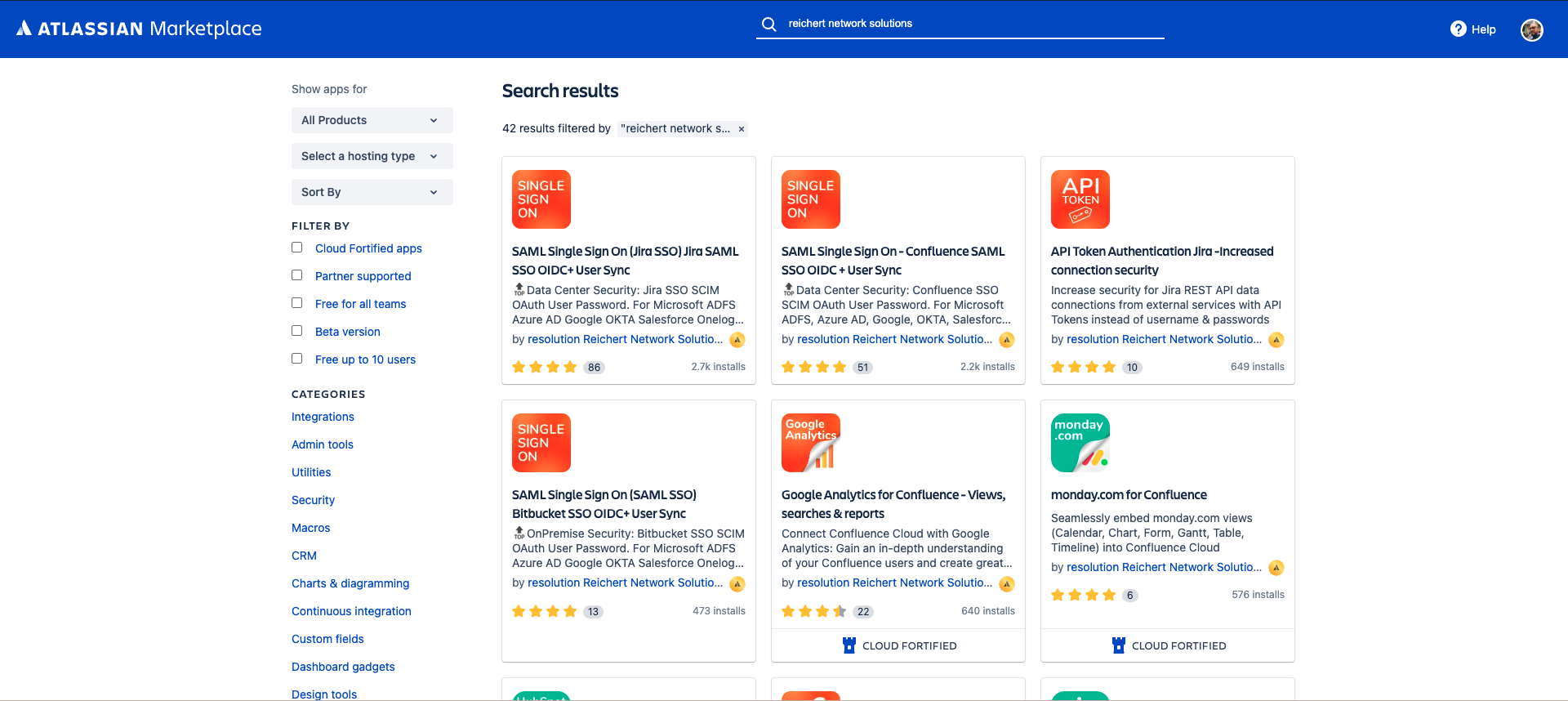 The Atlassian Marketplace with resolution's 42 published apps
