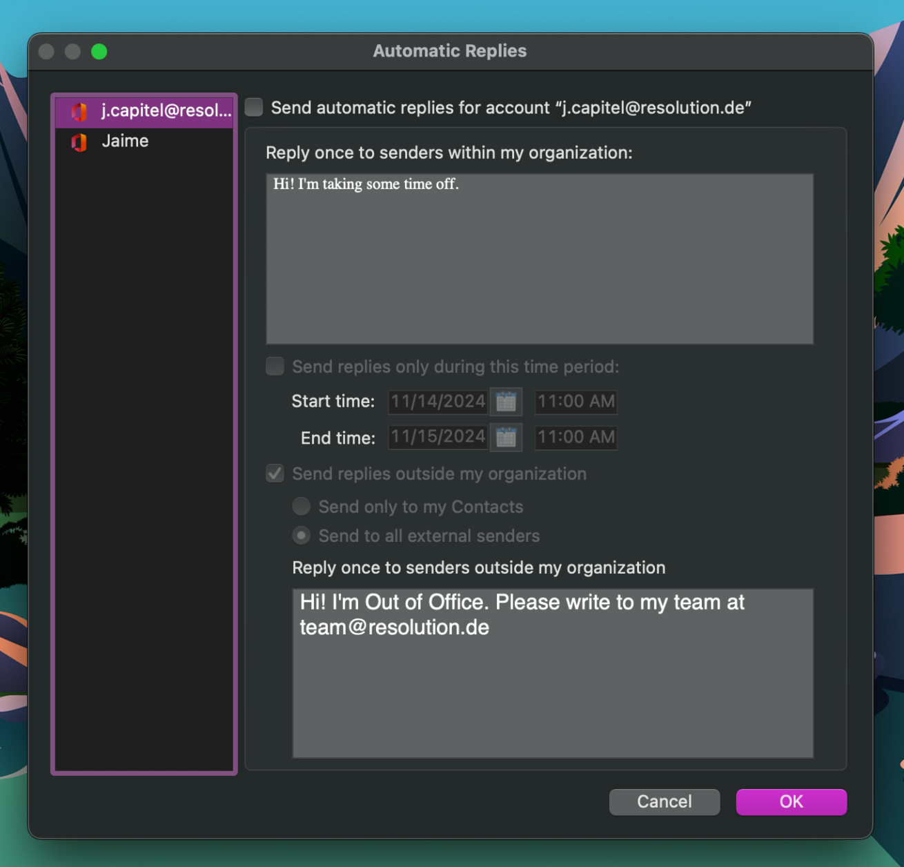 The automatic replies settings in the desktop app of a Mac