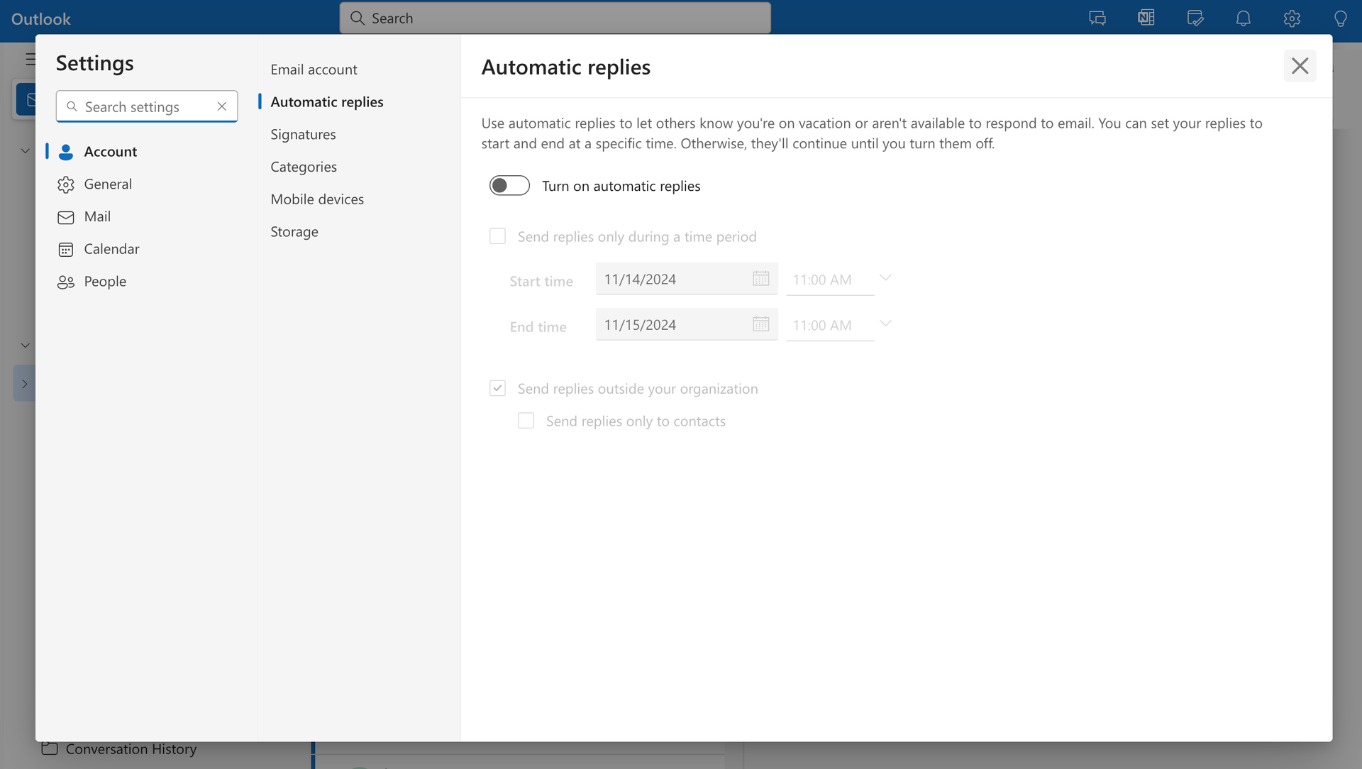 Path for reaching the automatic replies in Office 365