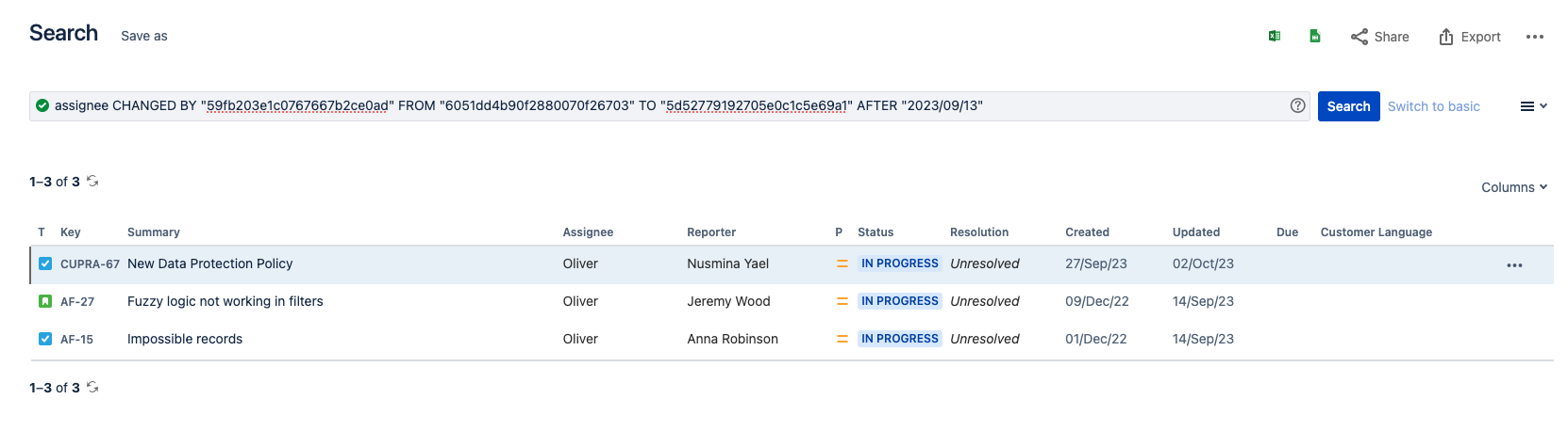 JQL filter for reassigned tasks