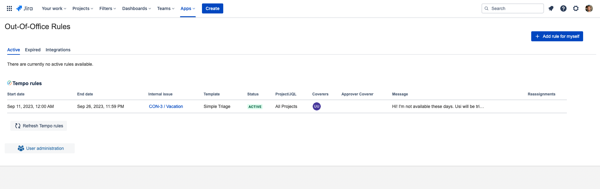 Out of Office Assistant rule in Jira generated by Tempo