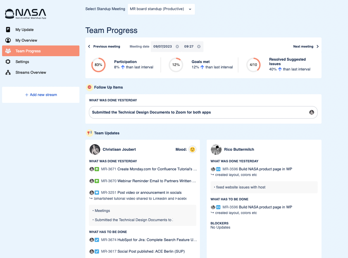 NASA - Team Progress page with summary of the standup updates