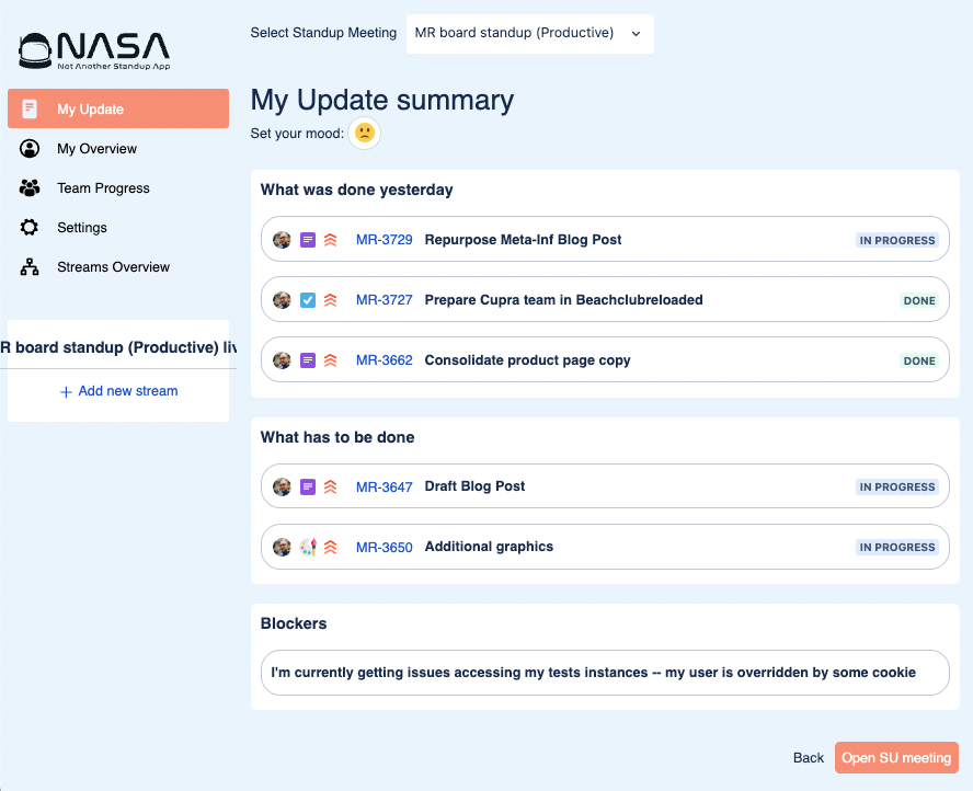 NASA - My standup update summary