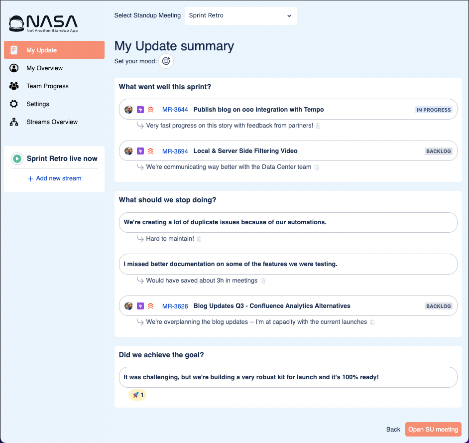 NASA - My Update summary with an agile retro