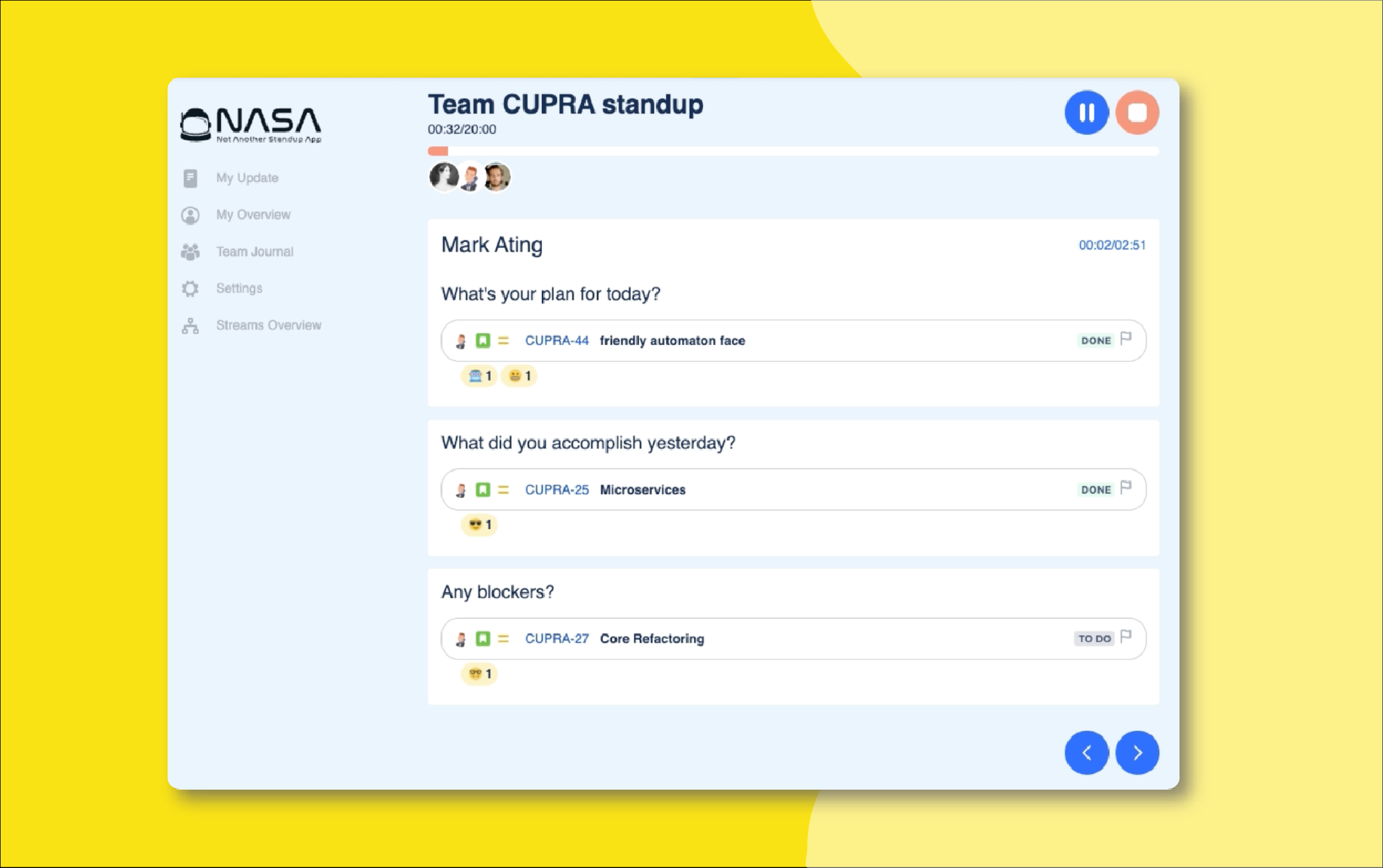 Timing updates during a live standup meeting with NASA