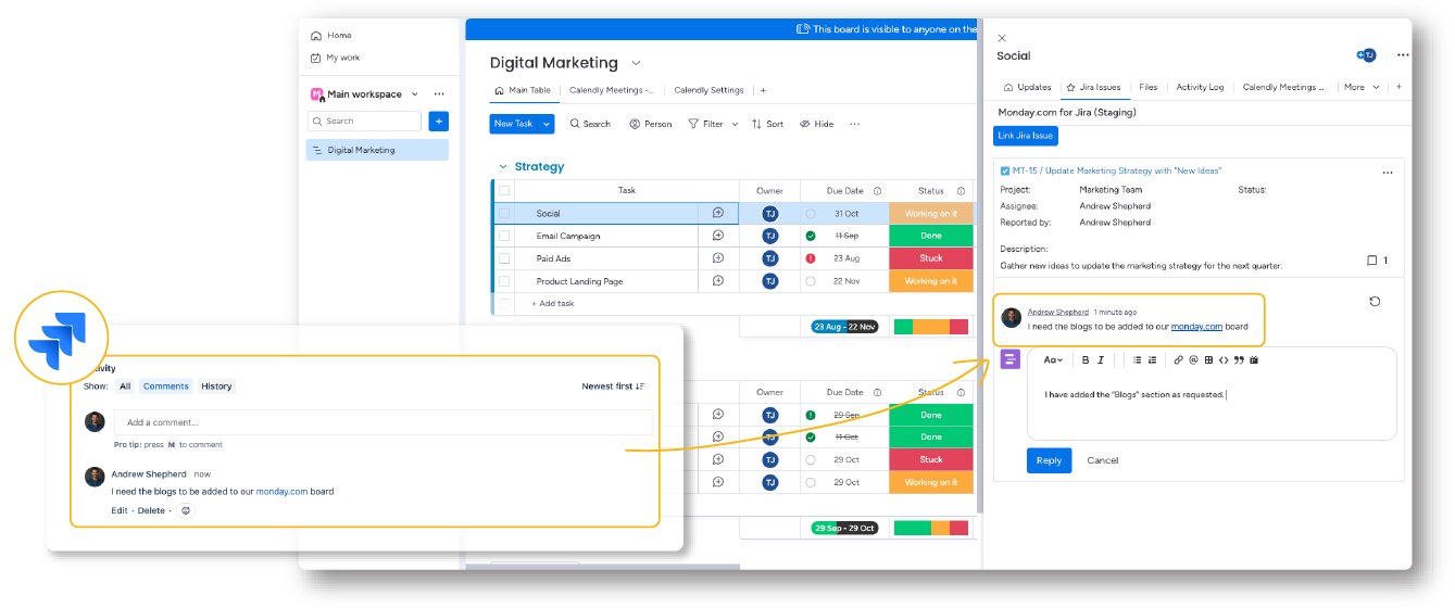 monday.com and Jira users can communicate with one another on specific items and issues by using the comments.