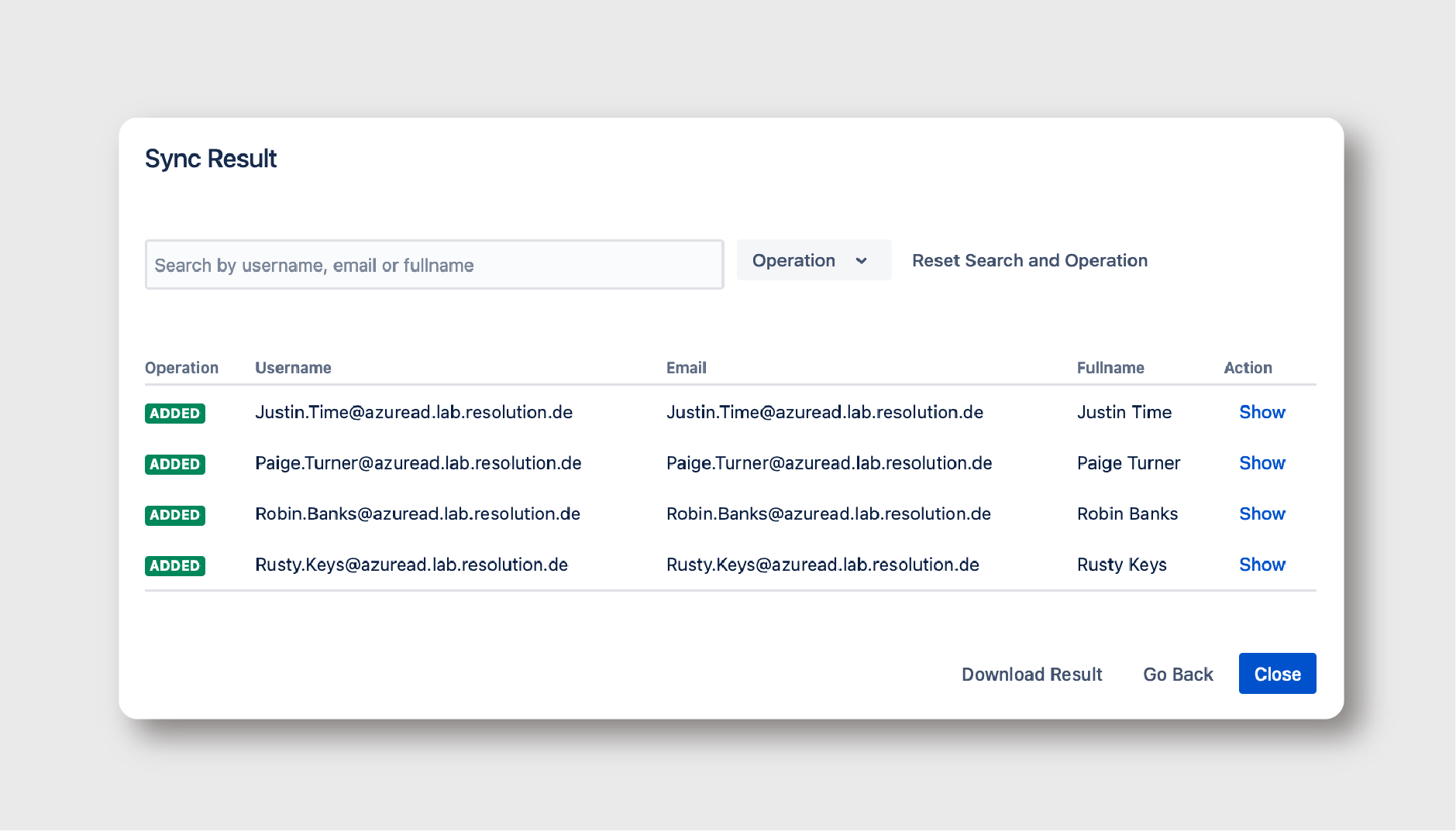 User Sync browser, with visual labels showing whether a user has been added, updated, or deleted from the directory