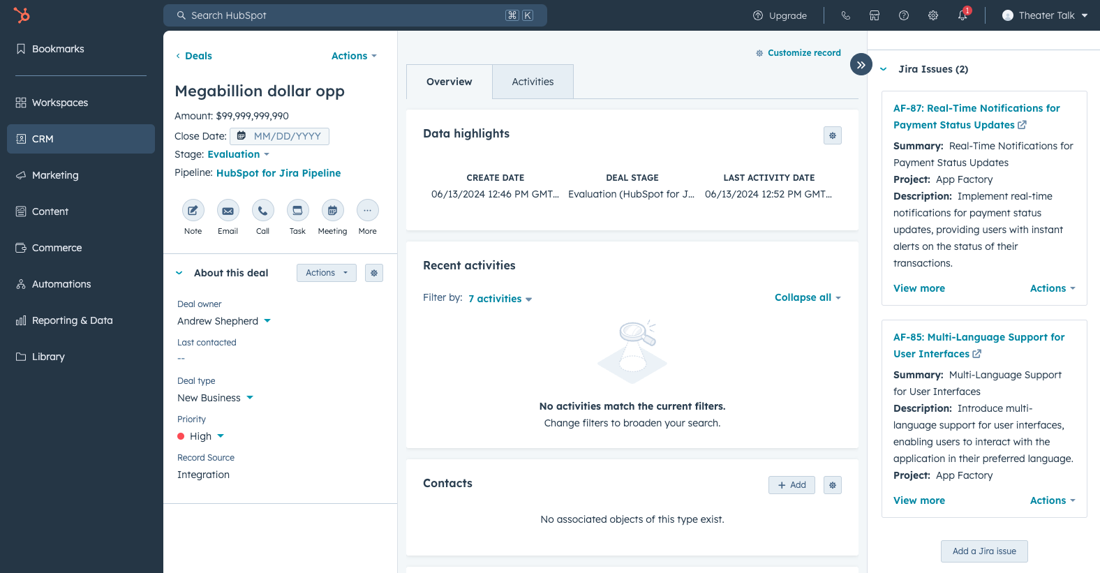 HubSpot view of a deal, with two linked Jira tickets on the right