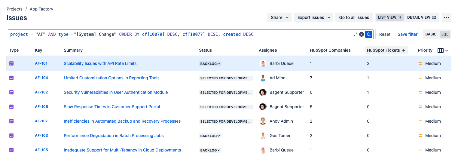 Number and HubSpot Companies and HubSpot tickets linked to operations issues