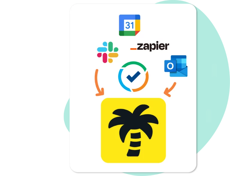 Illustration of various productivity and communication app icons including Google Calendar, Slack, Outlook, and a palm tree icon representing vacation or out-of-office status, interconnected with arrows, suggesting integration through Zapier.