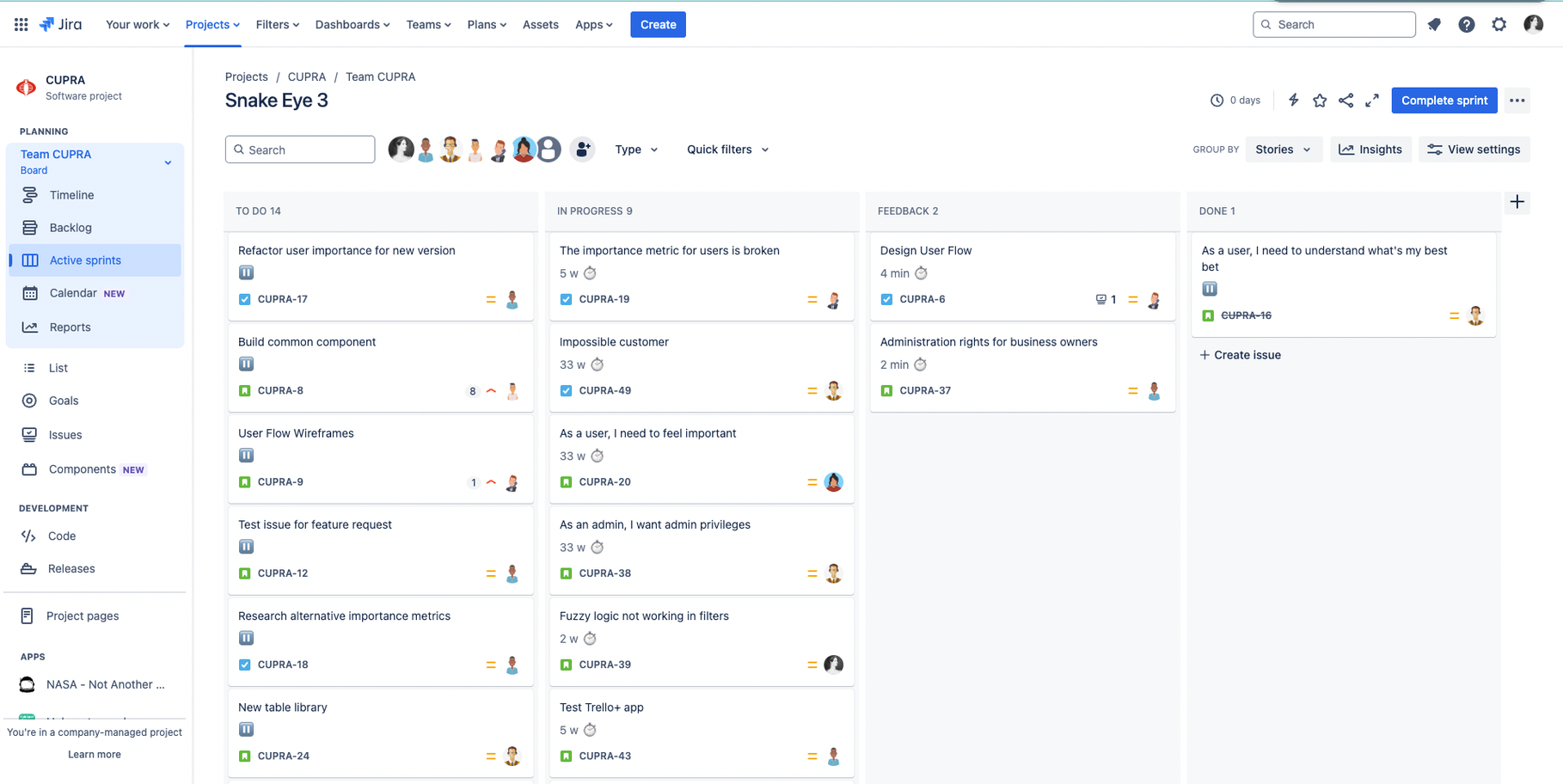 A board in Jira Software configured to display Task Egg Timer on each card