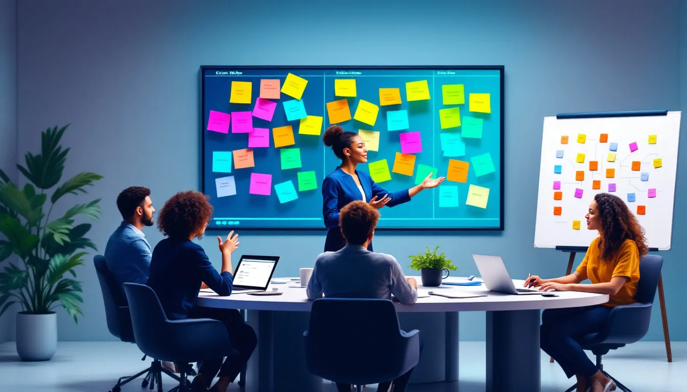 A scrum master facilitating a sprint retrospective meeting.
