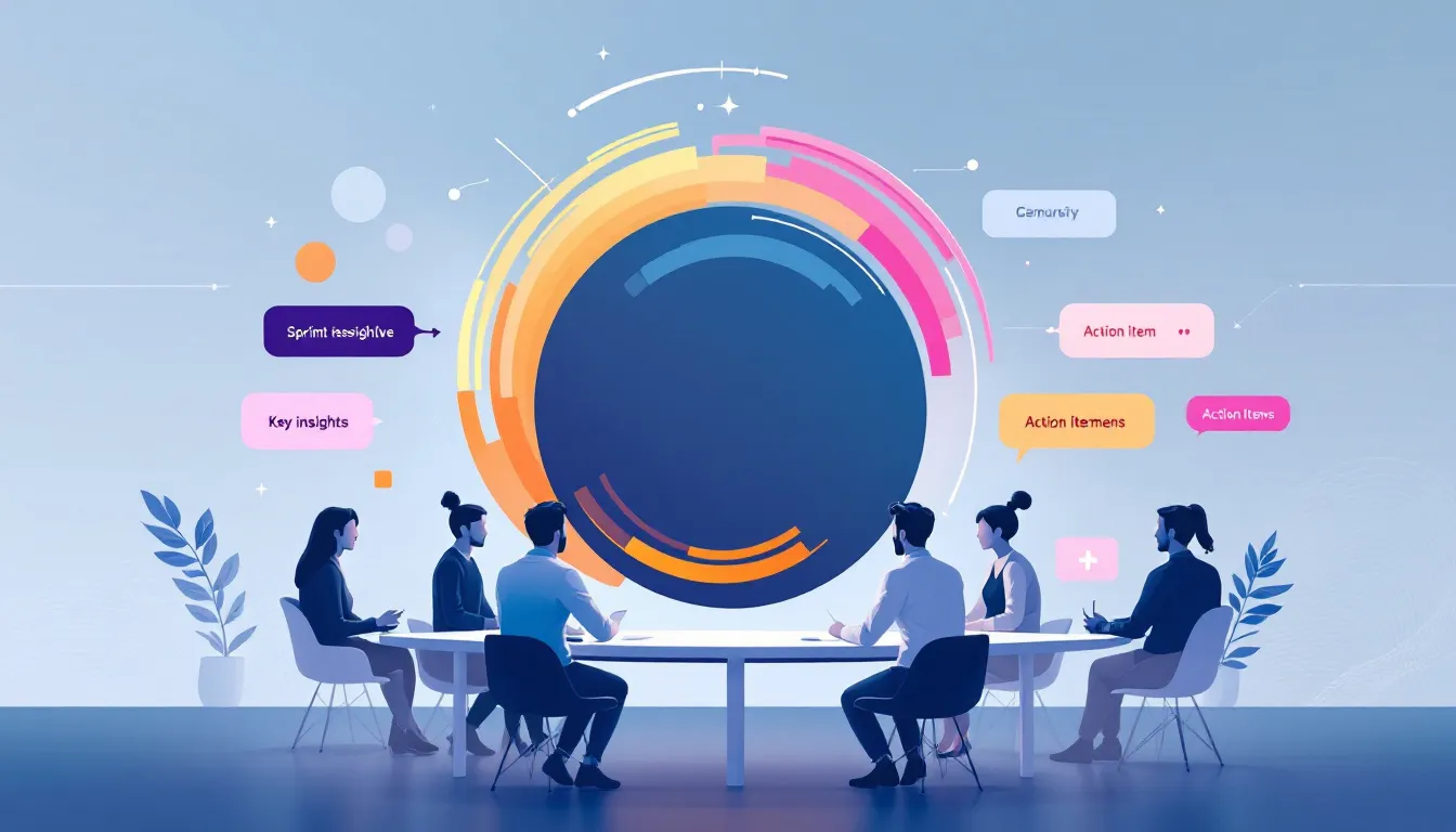 An illustration of a scrum team engaged in a sprint retrospective meeting.